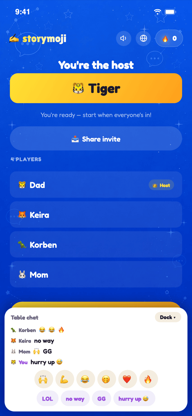 Storymoji Game Night lobby with the table chat open