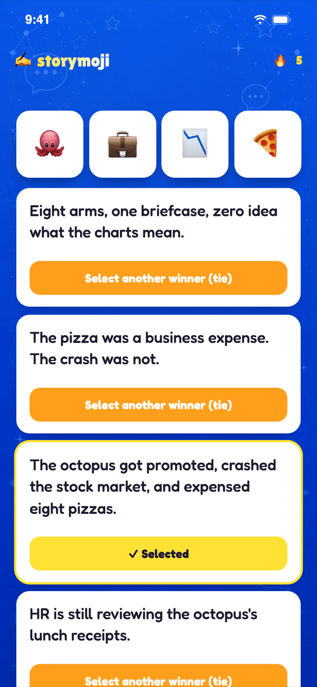Storymoji Game Night judging screen, revealing player stories to pick a winner