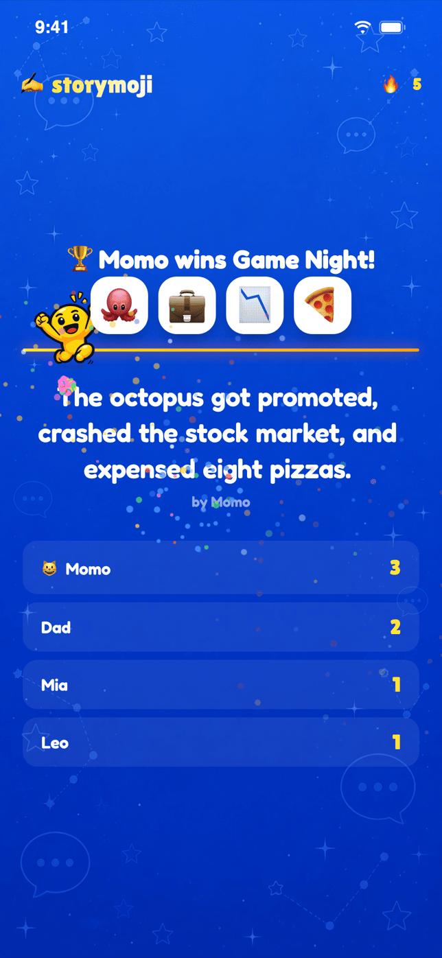 Storymoji Game Night scoreboard after a round, showing the winning story